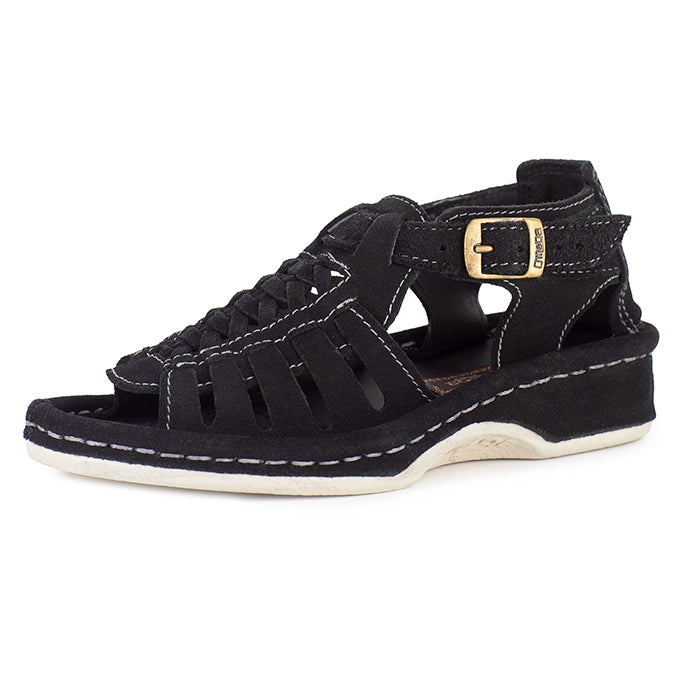 Black sandal with a gold buckle on a white background