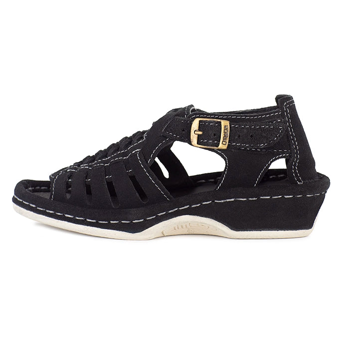 Black sandal with a gold buckle on a white background