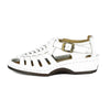 White sandal with a brown buckle on a white background