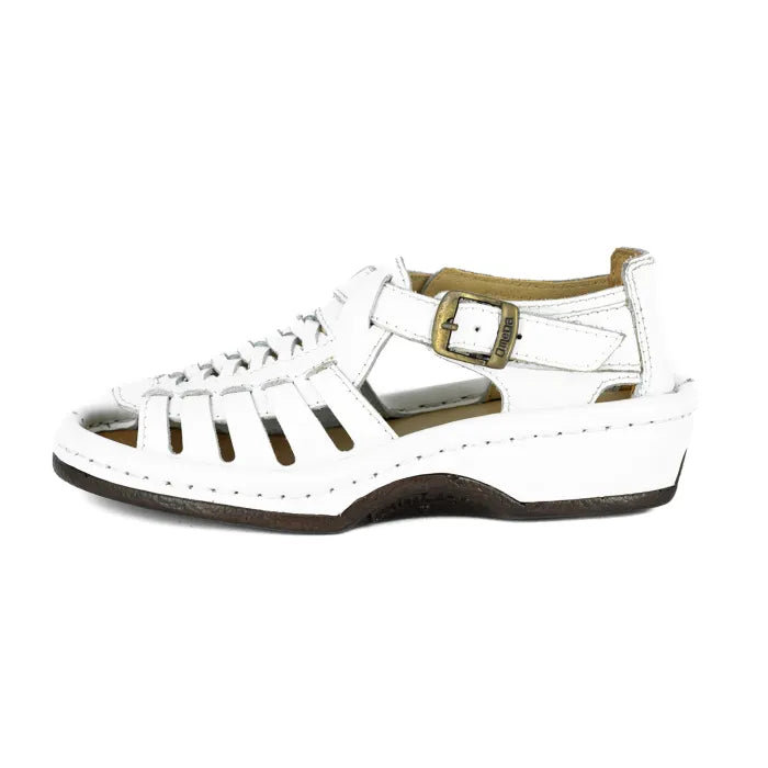 White sandal with a brown buckle on a white background
