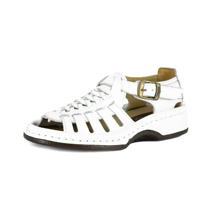 White sandal with black sole on a white background