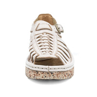 Cream sandal with off white sole on a white background