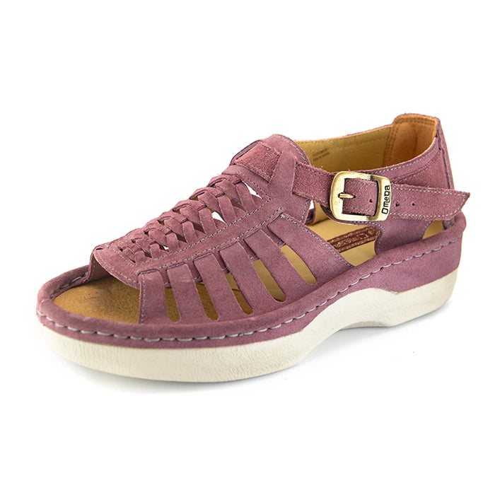 A single lilac suede wedge sandals with cutout straps, a buckle strap, and a beige sole, shown on a white background.