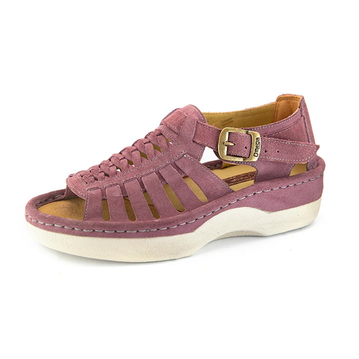 A single lilac suede wedge sandals with cutout straps, a buckle strap, and a beige sole, shown on a white background.