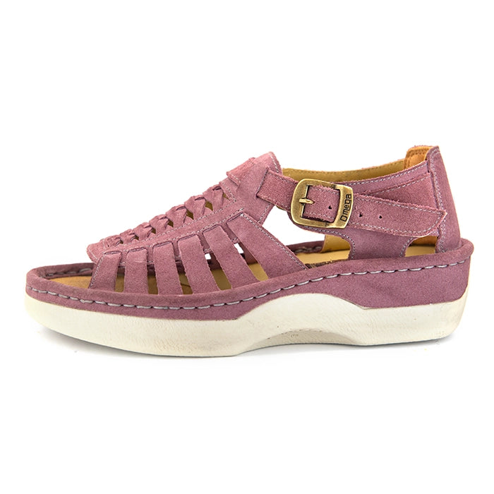 A single lilac suede wedge sandals with cutout straps, a buckle strap, and a beige sole, shown on a white background.