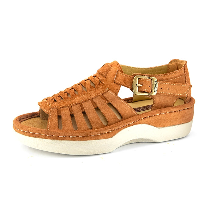 A single peach coloured suede wedge sandals with cutout straps, a buckle strap, and a beige sole, shown on a white background.