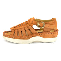 A single peach coloured suede wedge sandals with cutout straps, a buckle strap, and a beige sole, shown on a white background.