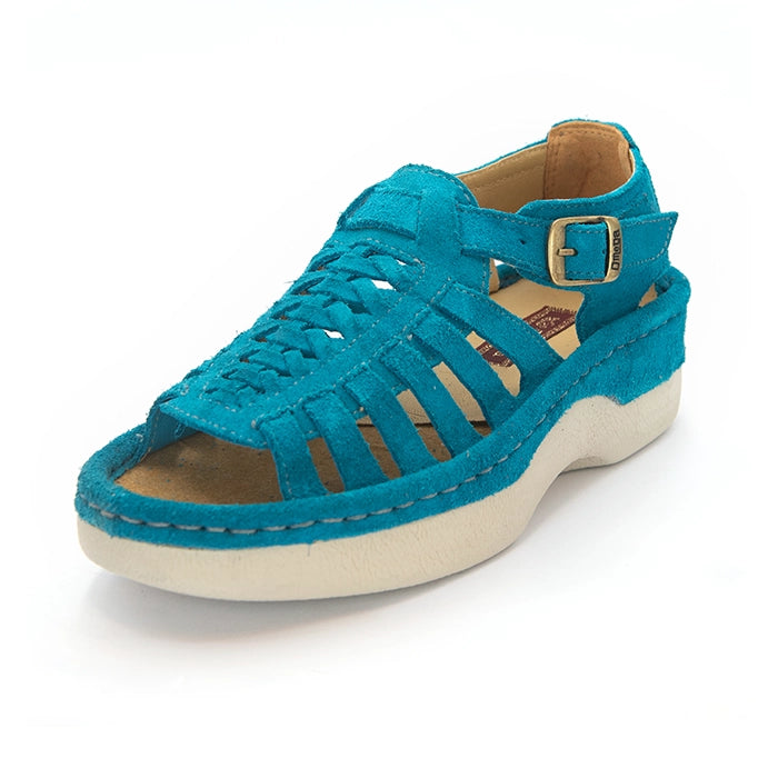 A turquoise blue suede platform sandal with cutout straps, a buckle strap, and a thick cream-colored platform sole, shown from a side profile on a white background.