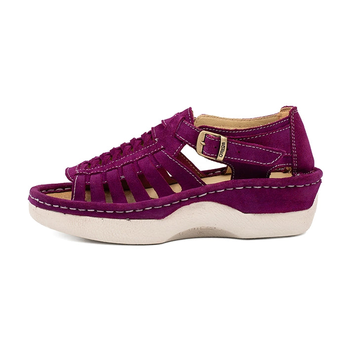 Purple sandal with a white sole on a white background