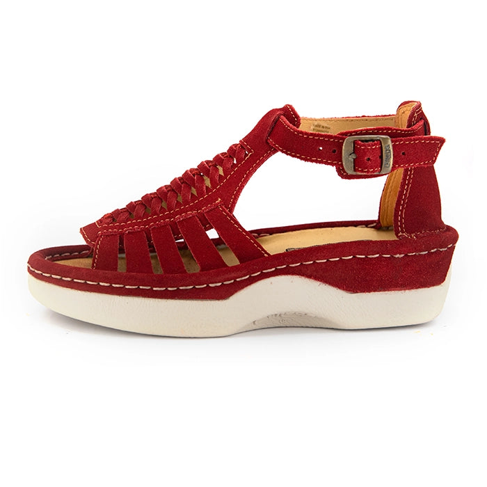 A single red suede wedge sandals with cutout straps, a buckle strap, and a beige sole, shown on a white background.