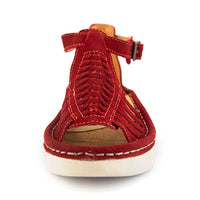 A single red suede wedge sandals with cutout straps, a buckle strap, and a beige sole, shown on a white background.
