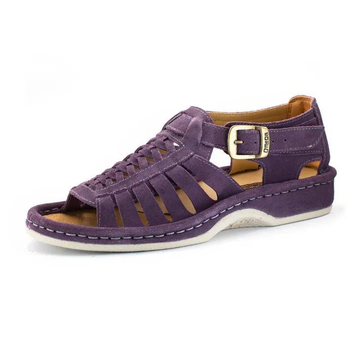 A shoe with strappy sandals in purple suede, featuring a cutout design, braided detail across the front, an adjustable ankle strap with a gold-tone buckle, and a low wedge heel. The brand 'Omega' is visible on the buckle.