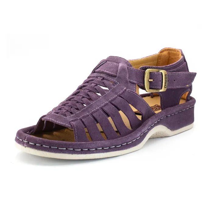 A shoe with strappy sandals in purple suede, featuring a cutout design, braided detail across the front, an adjustable ankle strap with a gold-tone buckle, and a low wedge heel. The brand 'Omega' is visible on the buckle.