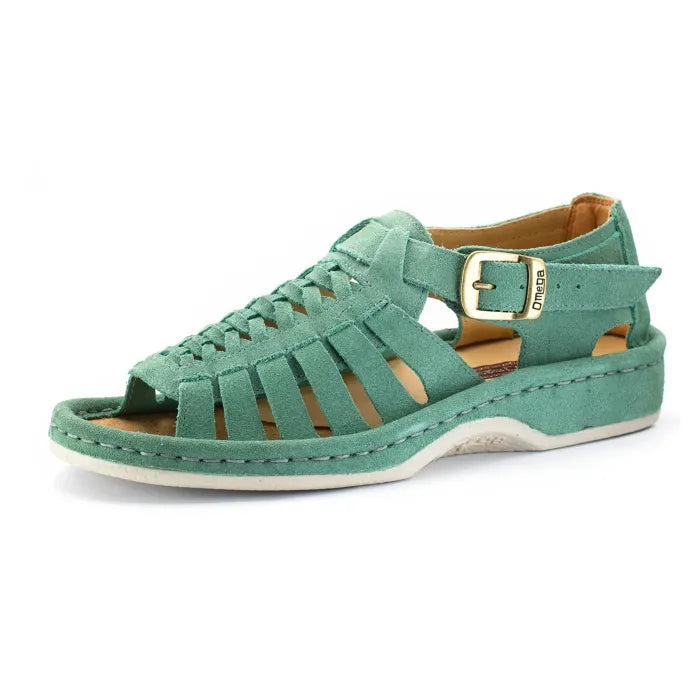 A single strappy sandal in a mint green color, featuring a braided cutout design across the toe and a matching adjustable ankle strap with a gold-tone buckle. The sandal is shown from a side profile on a clean white background.
