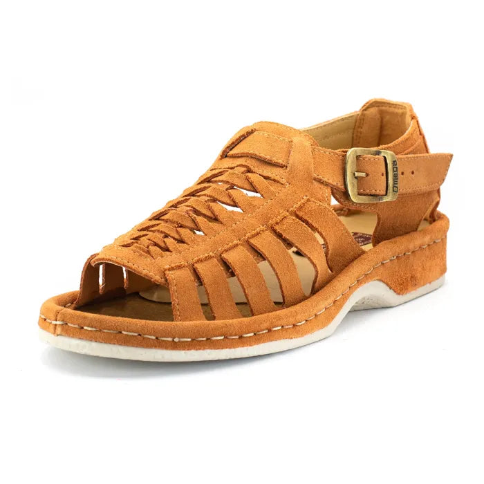 A single sandal in peach coloured suede, featuring a multi-cut strap design, an adjustable ankle strap with a gold-tone buckle, and a thick white sole.