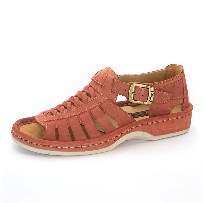 A single mango coloured suede sandals with cutout straps, braided detailing, and adjustable ankle buckles, shown on a white background.