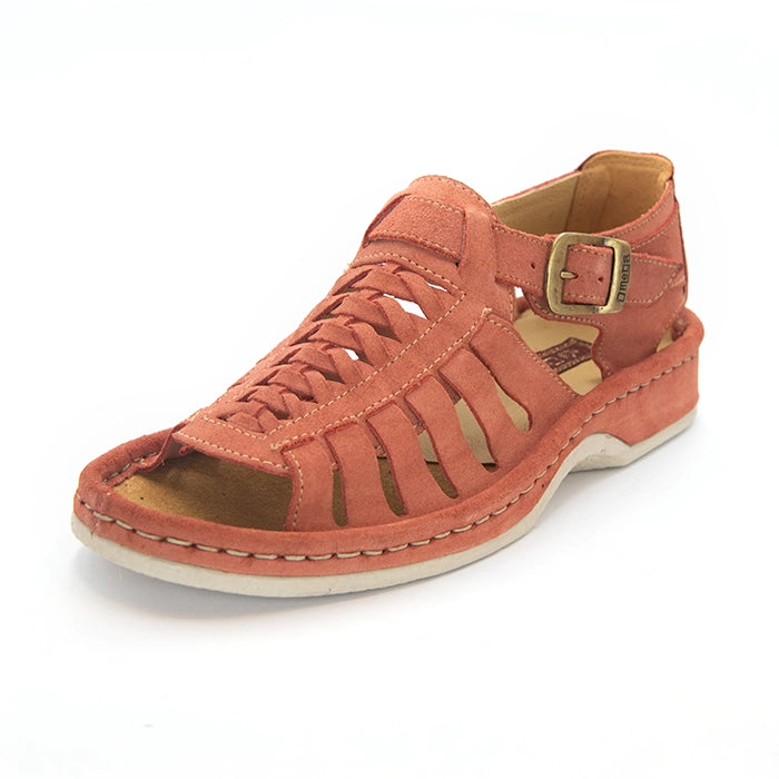 A single mango coloured suede sandals with cutout straps, braided detailing, and adjustable ankle buckles, shown on a white background.