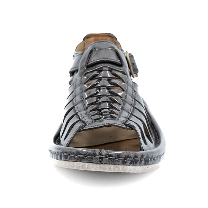 Grey sandal with off white sole on a white background