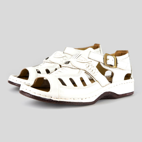 OMOM375 : Leather Sandal in White Soft Saddle Leather & Cheetah Print
