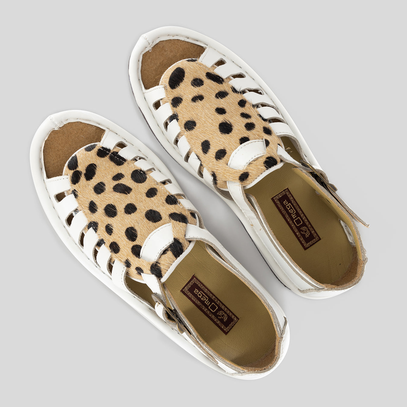 OMOM375 : Leather Sandal in White Soft Saddle Leather & Cheetah