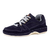 Navy blue shoe with grey laces on a white background