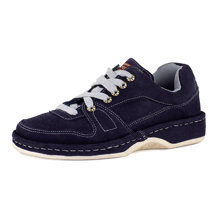 Navy blue shoe with grey laces on a white background