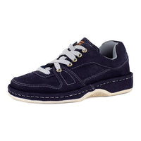 Navy blue shoe with grey laces on a white background