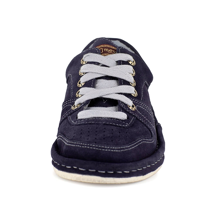 Navy blue casual shoe with grey laces on a white background