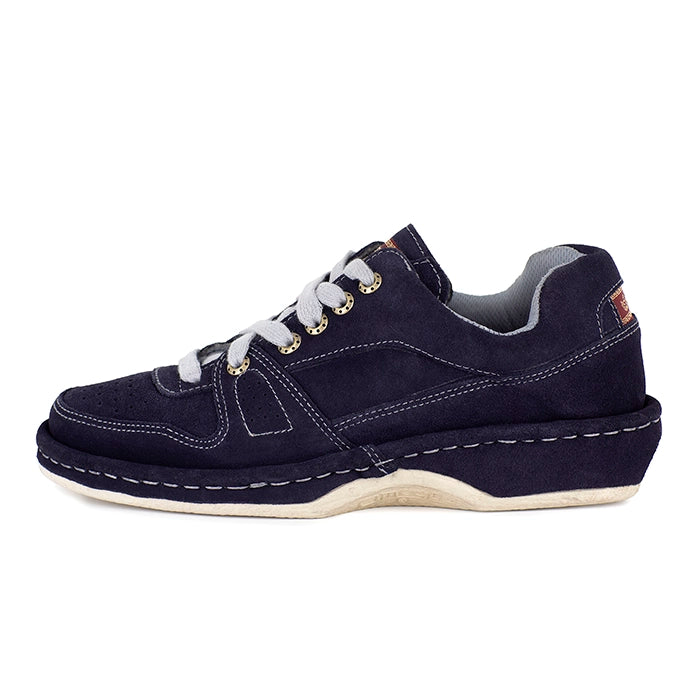 Navy blue shoe with grey  laces on a white background