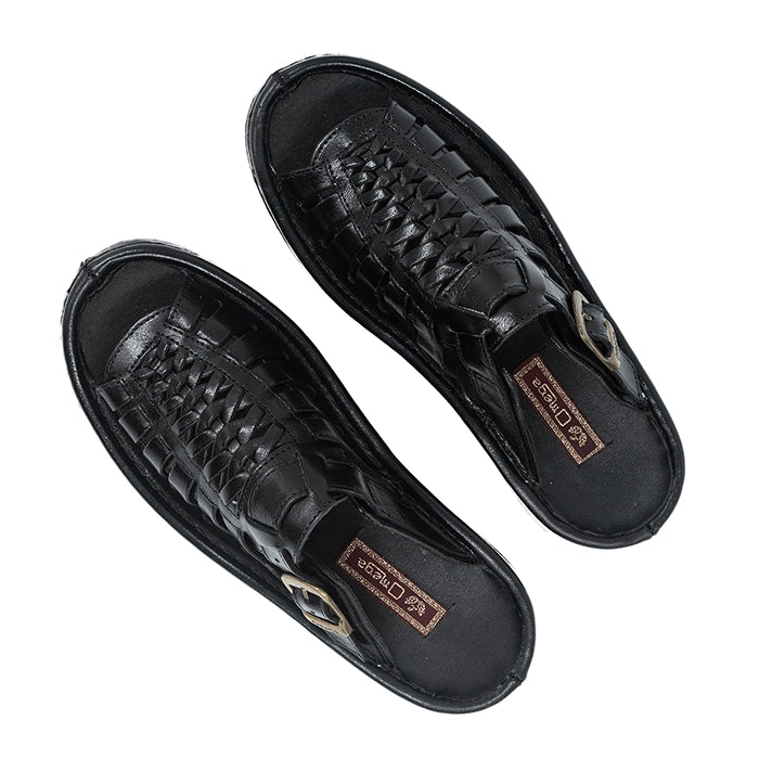 Pair of black sandals with brand logo on a white background