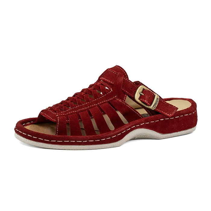 Red sandal with a off white sole on a white background