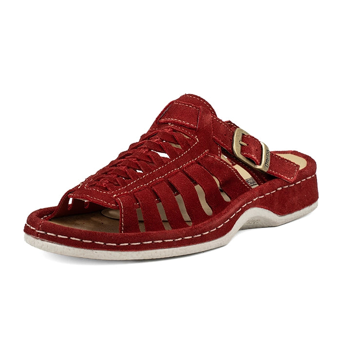 Red sandal with a off white sole on a white background