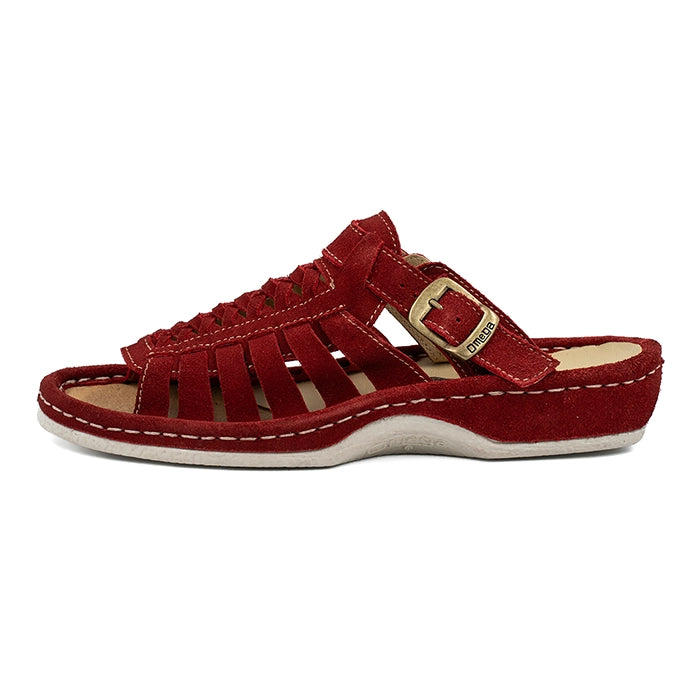 Red sandal with a gold buckle on a white background
