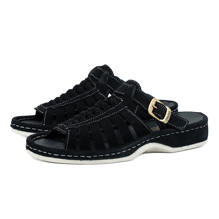Black sandals with a gold buckle on a white background