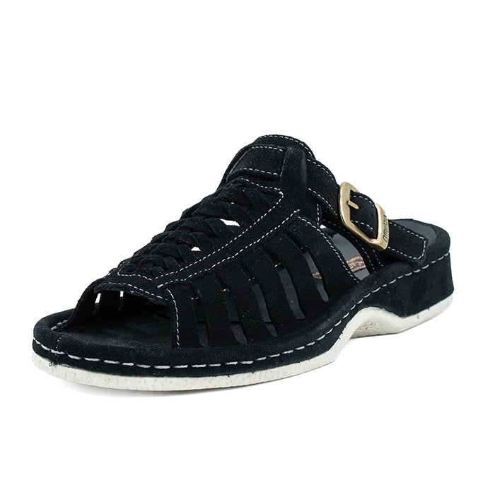 Black sandal with a gold buckle on a white background