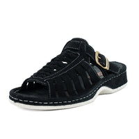 Black sandal with a gold buckle on a white background