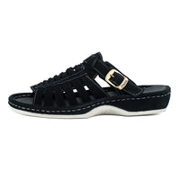 Black sandal with a gold buckle on a white background