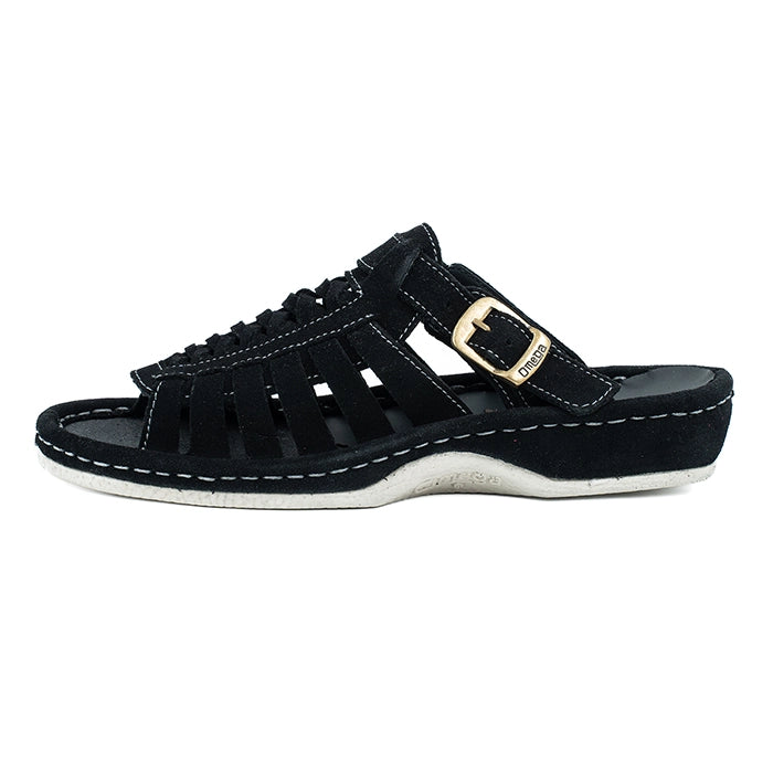 OMOM389 : Leather Push-in Sandal in Black Suede – Omega