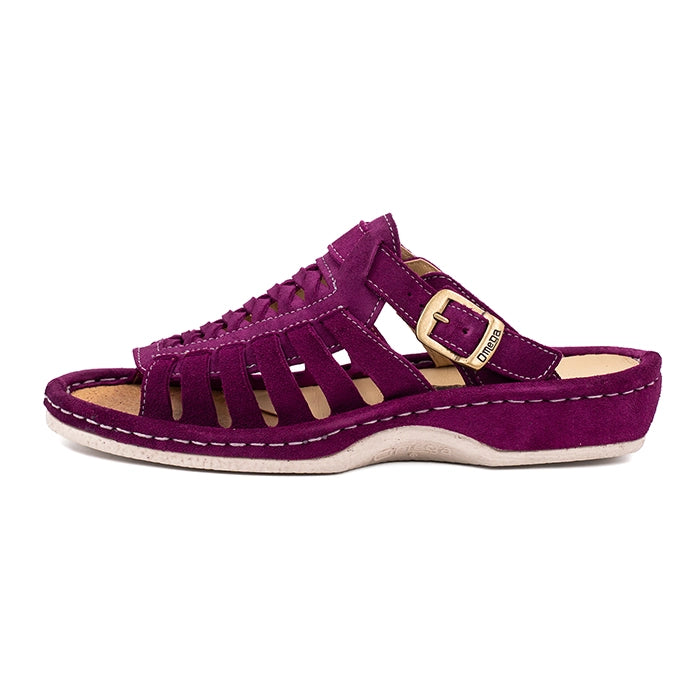 Purple sandal with a gold buckle on a white background
