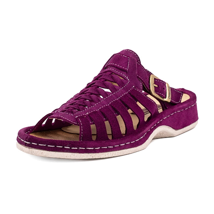 Purple sandal with a white sole on a white background