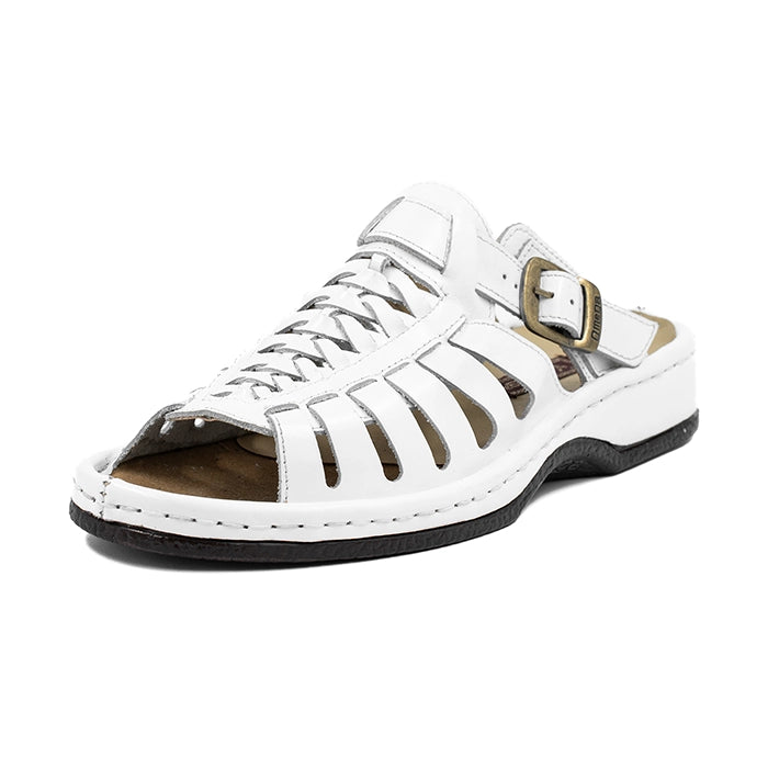 White sandal with a black sole on a white background