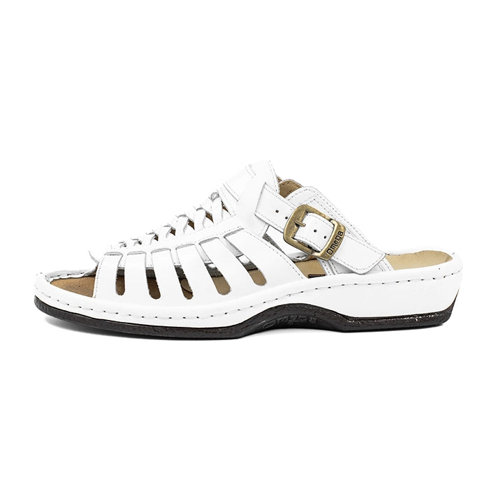 White sandal with a gold buckle on a white background