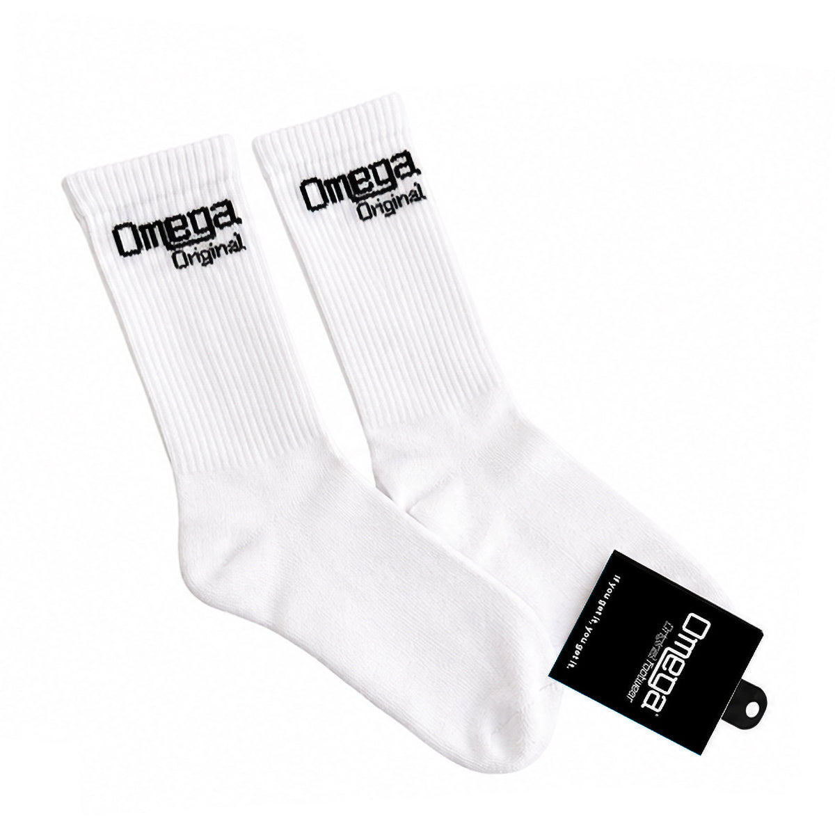 White socks with 'Omega Original' text and a black tag on a white background