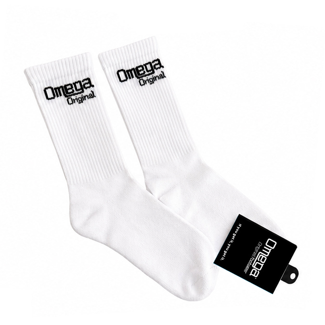 White socks with 'Omega Original' text and a black tag on a white background