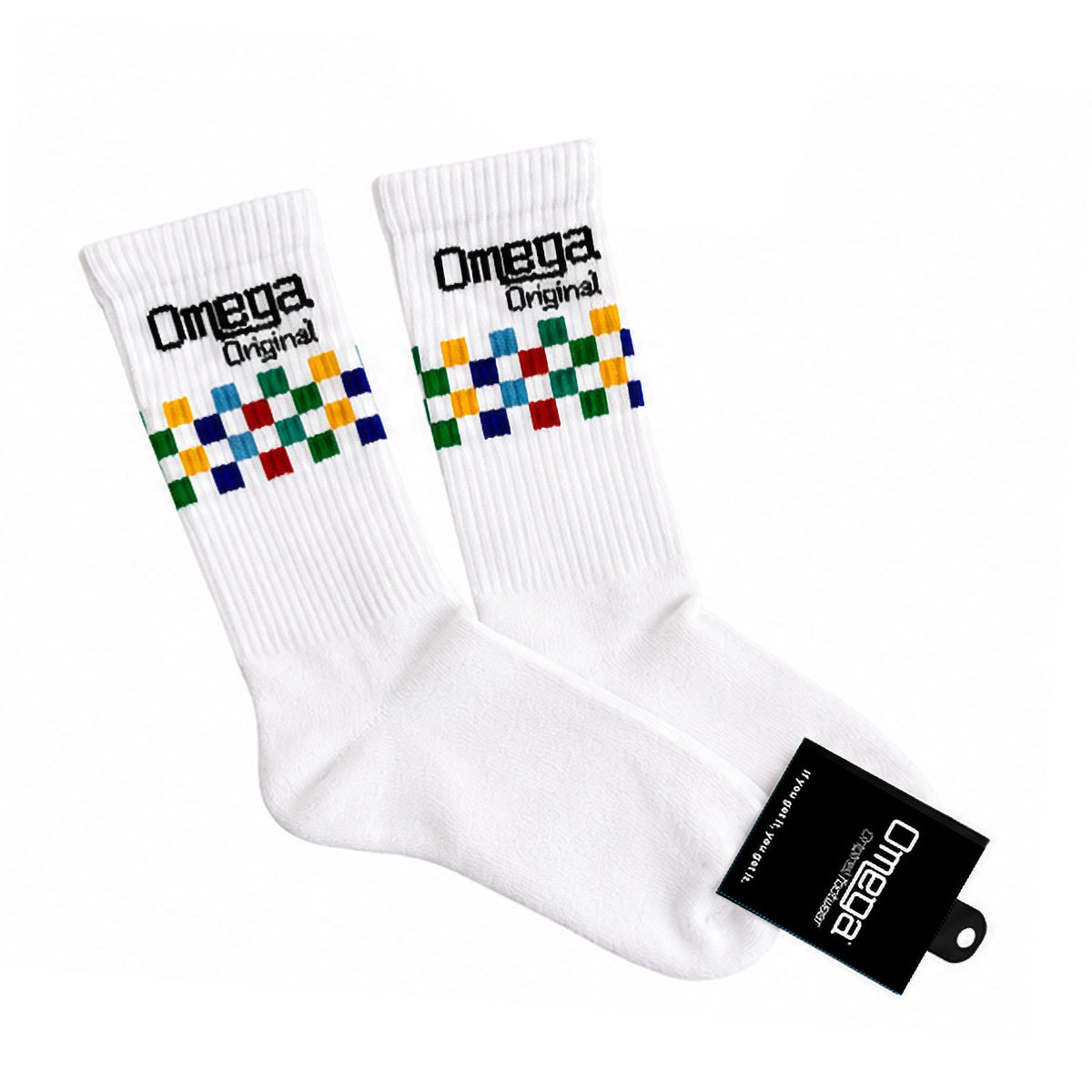 White socks with colorful checkered pattern and 'Omega Original' branding on a white background.