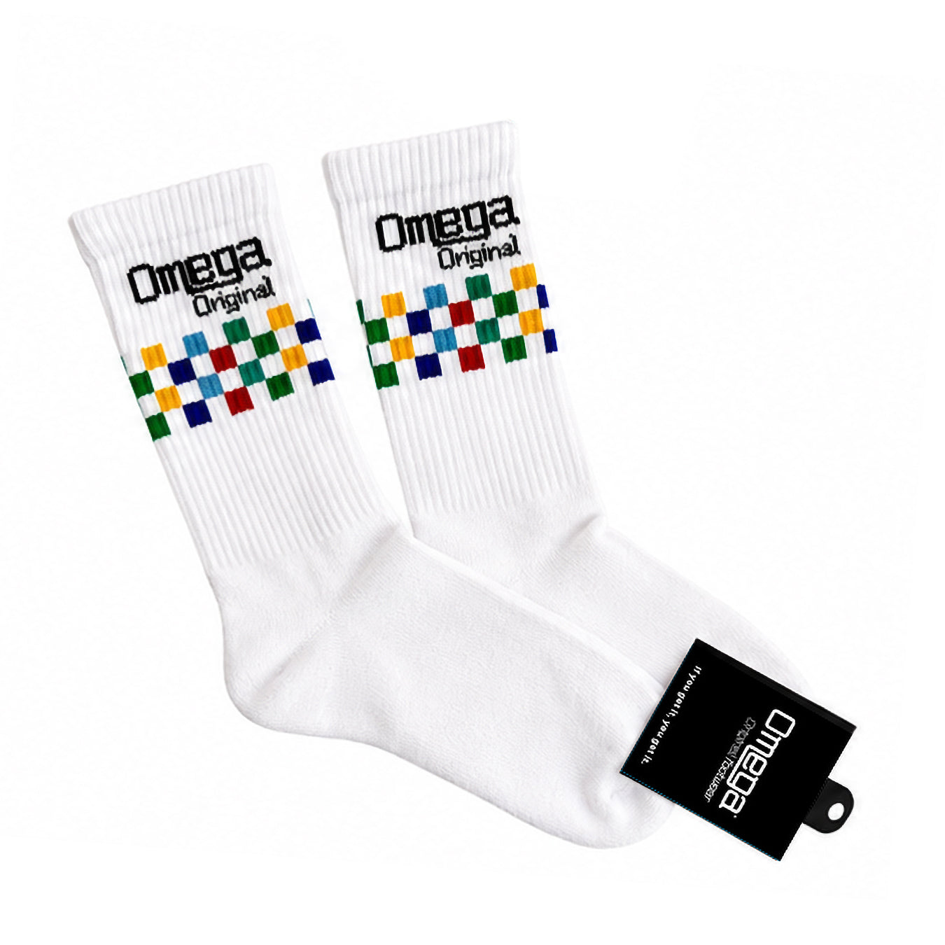 White socks with colorful checkered pattern and 'Omega Original' branding on a white background.