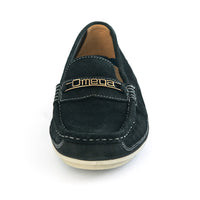 A single black suede loafer slip-on shoe with a gold-tone metal 'Omega' logo on the strap, shown from a front-facing perspective on a white background.