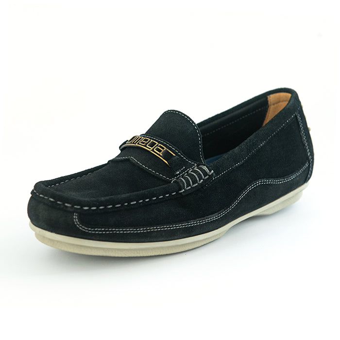 A black suede moccasin-style loafer with a tan interior lining and a gold-tone 'Omega' logo on the strap, shown on a white background.