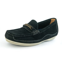 A single black suede loafer with gold embroidered lettering on the strap, white contrast stitching, and a light beige sole, shown on a white background.
