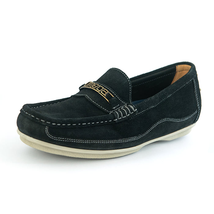 A single black suede loafer with gold embroidered lettering on the strap, white contrast stitching, and a light beige sole, shown on a white background.